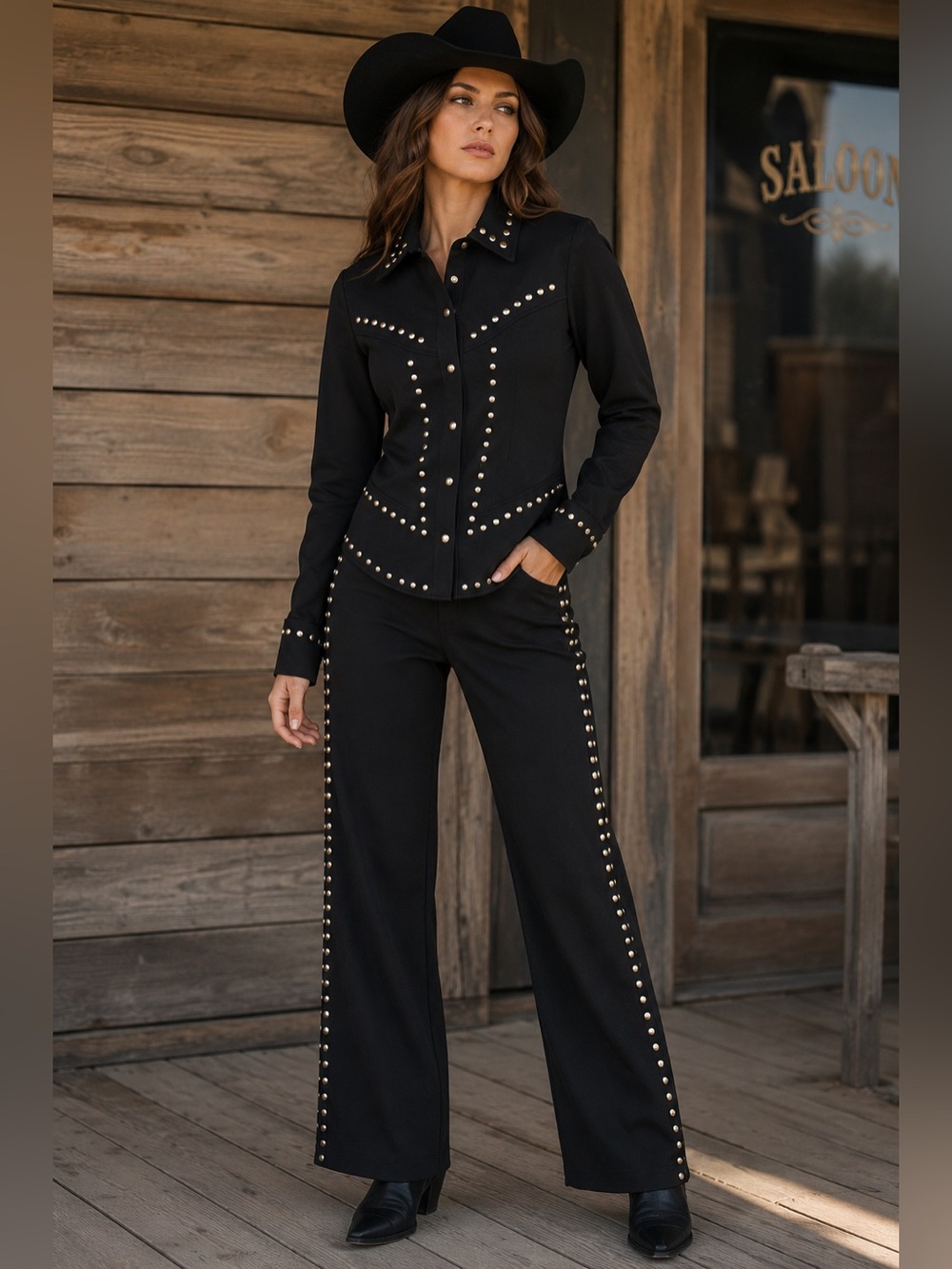 Black Studded Western 2 Piece Pant Set Shirt Jacket Pants (S) Cowgirl Concert